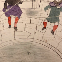 Naive Antique Drawing of Two Fishing Children and a Horn Player