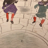 Naive Antique Drawing of Two Fishing Children and a Horn Player
