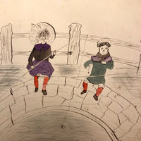 Naive Antique Drawing of Two Fishing Children and a Horn Player