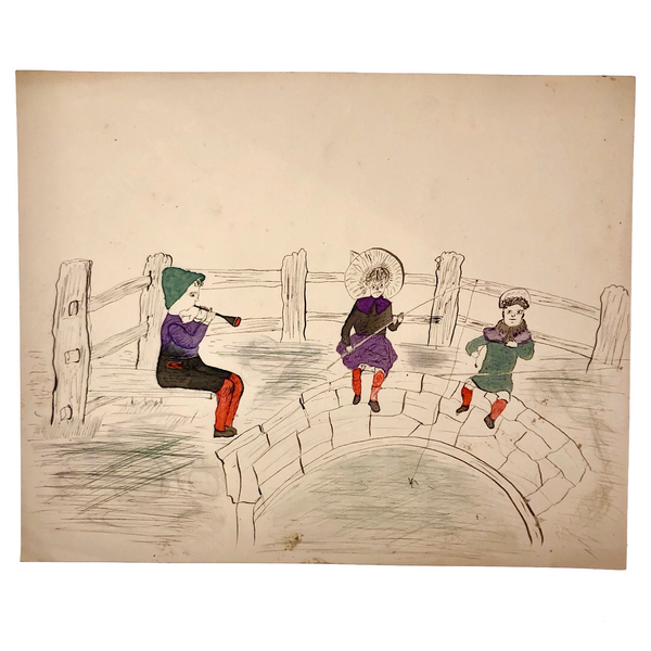Naive Antique Drawing of Two Fishing Children and a Horn Player