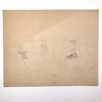 Naive Antique Drawing of Two Fishing Children and a Horn Player