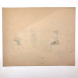 Naive Antique Drawing of Two Fishing Children and a Horn Player