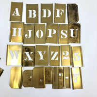Assorted Brass Stencils in Old "Stencil Outfit" Slide Top Box, c. 1940s
