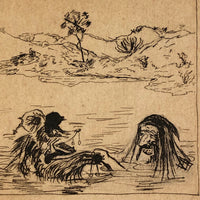 Ink on Paper 19th Century "Auld Lang Syne"  Man and Bear Friends Drawing