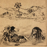 Ink on Paper 19th Century "Auld Lang Syne"  Man and Bear Friends Drawing