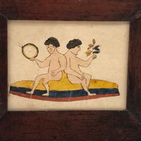 Wonderful Small Early Watercolor of Twins (?) with Branch and Tambourine in Hand