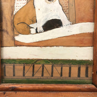 Agapit Thibodeau Folk Art Dog Painting (on Cat Box Cardboard) in Handmade Frame