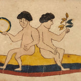 Wonderful Small Early Watercolor of Twins (?) with Branch and Tambourine in Hand