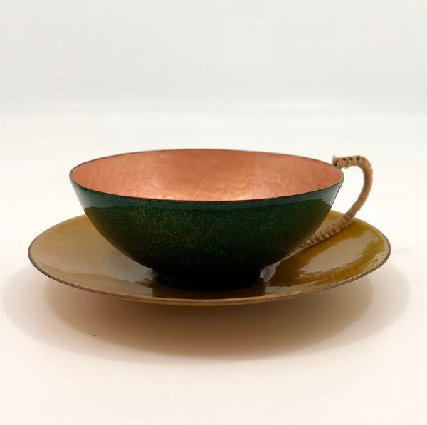 Jewel Tone Enamel Cup and Saucer with Woven Raffia Handle