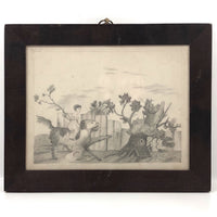 Girl Riding Giant Dog, Naive Victorian Pencil Drawing