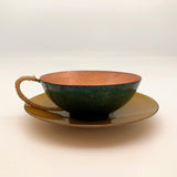 Jewel Tone Enamel Cup and Saucer with Woven Raffia Handle