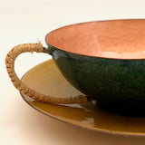 Jewel Tone Enamel Cup and Saucer with Woven Raffia Handle