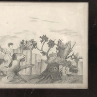 Girl Riding Giant Dog, Naive Victorian Pencil Drawing