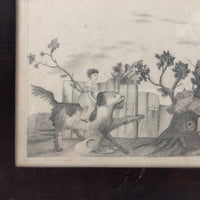 Girl Riding Giant Dog, Naive Victorian Pencil Drawing