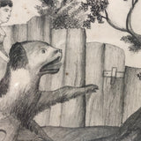 Girl Riding Giant Dog, Naive Victorian Pencil Drawing
