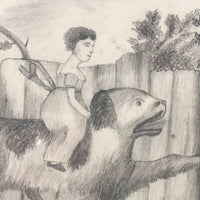 Girl Riding Giant Dog, Naive Victorian Pencil Drawing