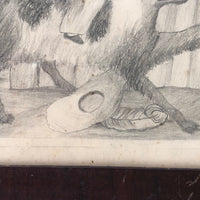 Girl Riding Giant Dog, Naive Victorian Pencil Drawing