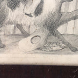 Girl Riding Giant Dog, Naive Victorian Pencil Drawing