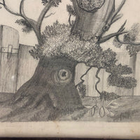 Girl Riding Giant Dog, Naive Victorian Pencil Drawing