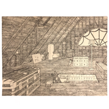 Insanely Detailed Large Ink Drawing of Attic Storage by Frederick Porter, 1982