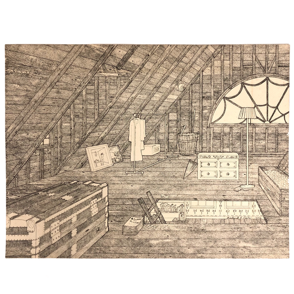 Insanely Detailed Large Ink Drawing of Attic Storage by Frederick Porter, 1982