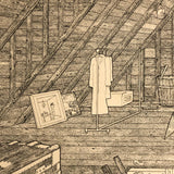 Insanely Detailed Large Ink Drawing of Attic Storage by Frederick Porter, 1982