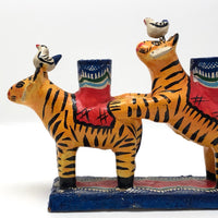 Mexican Folk Art Double Tigers with Birds Candelabra