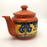 Art Deco Czechoslovakian Orange Teapot with Blue Trees in Landscape