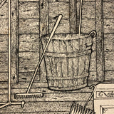 Insanely Detailed Large Ink Drawing of Attic Storage by Frederick Porter, 1982