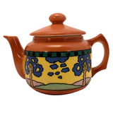 Art Deco Czechoslovakian Orange Teapot with Blue Trees in Landscape