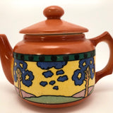 Art Deco Czechoslovakian Orange Teapot with Blue Trees in Landscape