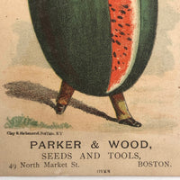 Parker and Wood Seeds and Tools Victorian Watermelon Man Trade Card