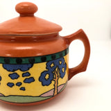 Art Deco Czechoslovakian Orange Teapot with Blue Trees in Landscape