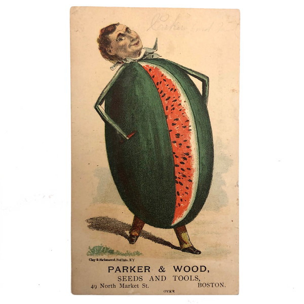 Parker and Wood Seeds and Tools Victorian Watermelon Man Trade Card