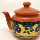 Art Deco Czechoslovakian Orange Teapot with Blue Trees in Landscape