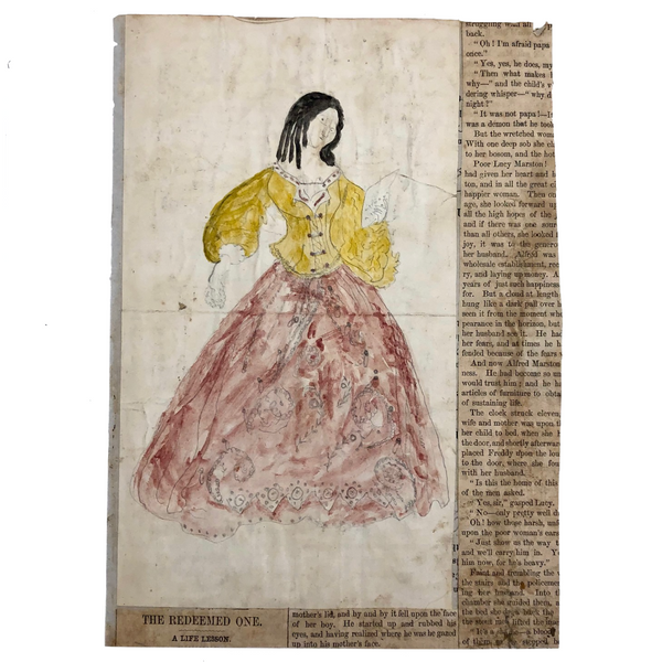 Antique Folk Art Pencil and Watercolor Drawing of Woman with Letter