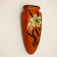Japanese Hand-painted Orange Wall Pocket Planter with Yellow Lily
