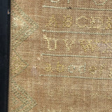 Antique Needlework Sampler on Linen  with Triple Alphabet, House, Flowers