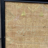 Antique Needlework Sampler on Linen  with Triple Alphabet, House, Flowers