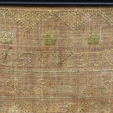 Antique Needlework Sampler on Linen  with Triple Alphabet, House, Flowers