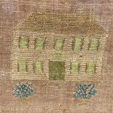 Antique Needlework Sampler on Linen  with Triple Alphabet, House, Flowers