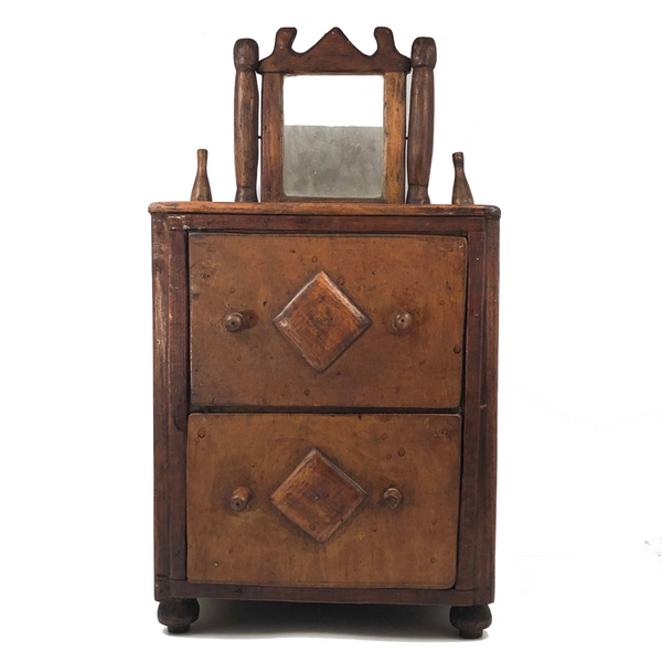 Charming Large Two Drawer Tabletop Folk Art Chest with Mirror