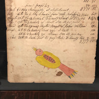 1848 Handwritten Ledger Page with Fraktur Watercolor Bird, in Period Grain Painted Frame