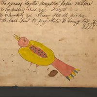 1848 Handwritten Ledger Page with Fraktur Watercolor Bird, in Period Grain Painted Frame