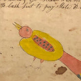 1848 Handwritten Ledger Page with Fraktur Watercolor Bird, in Period Grain Painted Frame