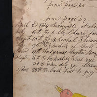 1848 Handwritten Ledger Page with Fraktur Watercolor Bird, in Period Grain Painted Frame