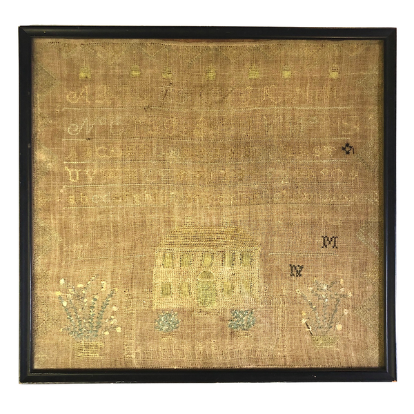 Antique Needlework Sampler on Linen  with Triple Alphabet, House, Flowers