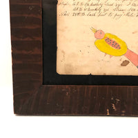1848 Handwritten Ledger Page with Fraktur Watercolor Bird, in Period Grain Painted Frame