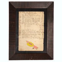 1848 Handwritten Ledger Page with Fraktur Watercolor Bird, in Period Grain Painted Frame