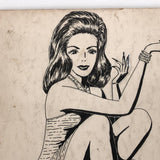 Ink on Board Drawing of Woman with Very Long Fingernails